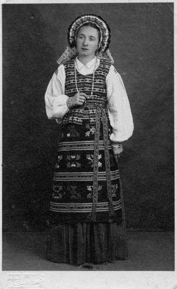 Teacher O. Vasiliauskienė wearing the national costume of Suvalkija. 1938. LBM 36414