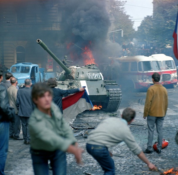 Prague residents face a tank during confrontation between the Soviet troops and protesters. August 21, 1968
