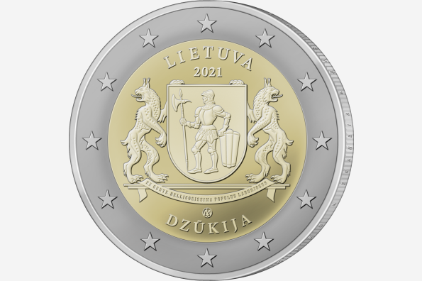 An armoured soldier and two lynxes on the euro coin dedicated to Dzūkija